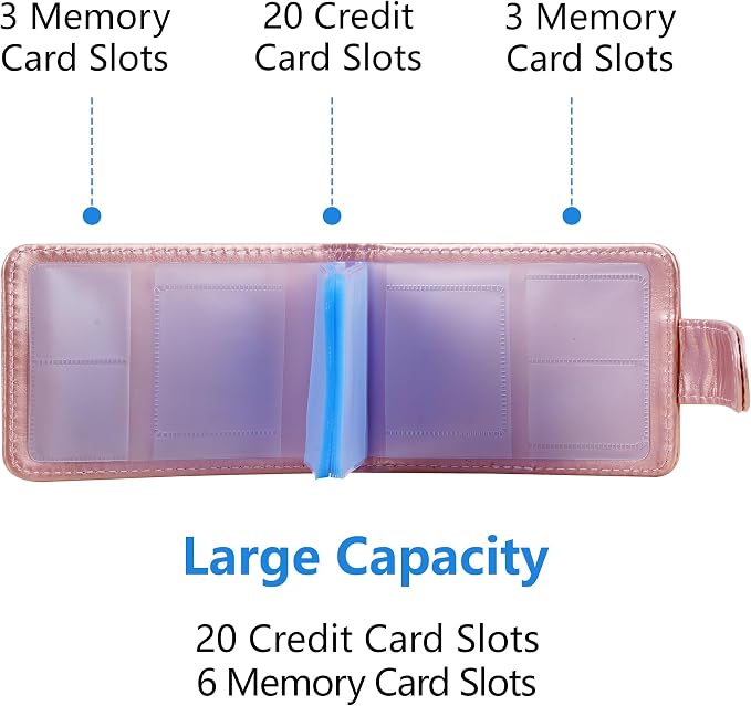 Wisdompro Credit Card Holder, RFID Blocking Wallet Debit Card Protector | Slim Leather Credit Card Organizer Case, Card Case with Magnetic Shut, 20 Card & 7 Memory Card Slots - Horizontal Rose Gold