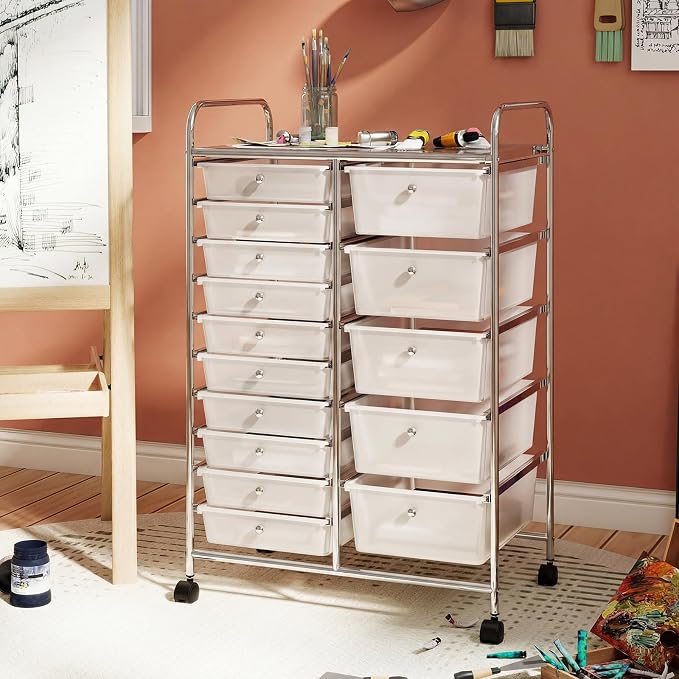 RELAX4LIFE 15-Drawer Rolling Storage Cart - Utility Cart with Metal Frame, Lockable Wheels & Removable Drawers, Multipurpose Art Craft Organizer for Home Office, Classroom (Clear)