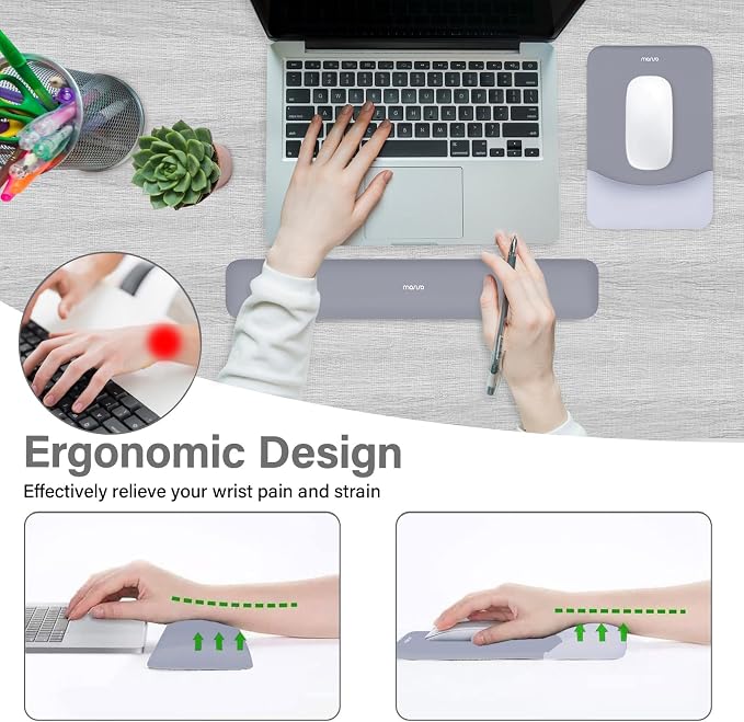 MOSISO Wrist Rest Support Mouse Pad & Keyboard Set, Gray | Rectangular Ergonomic Mousepad, Non-Slip Base, Home/Office Pain Relief & Easy Typing, Neoprene Cloth & Raised Silicone Lining