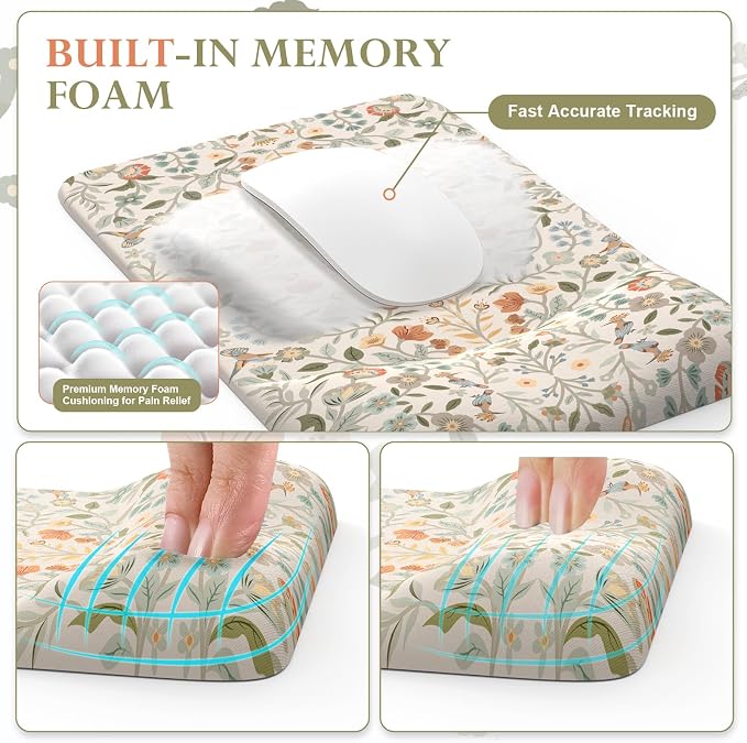 iCasso Mouse Pad with Wrist Rest,Ergonomic Large Desk Mat Set, Beige | Keyboard Pad with Wrist Support, Non-Slip Mouse Mat for Women, Cute Floral Computer Mat for Home Office Gaming