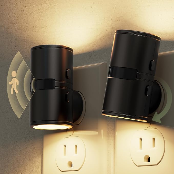 L LOHAS LED Motion Sensor Night Light, Mini Motion Activated Night Lights Plug into Wall, Rotating Motion Sensor Light Indoor, Amber-3000K-5000K, 10%-50%-100% Lumen, Hallway Bedroom Stairway, 2 Pack