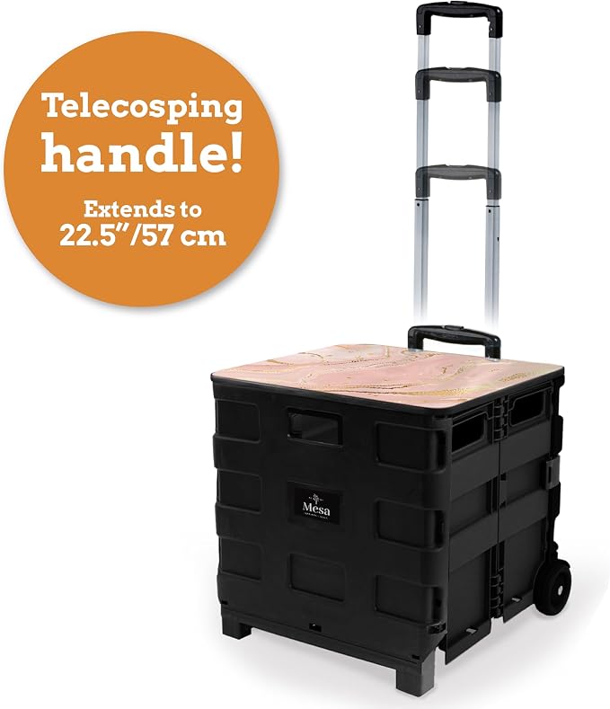 Collapsible Ultra-Slim Pack-N-Roll,2 Wheel Utility Cart w/Lid Used as Seat up to 250 Lbs, Telescopic Handle, Super Strong, for Home,Garden,Shopping,Office,School, Large, Pink Marble