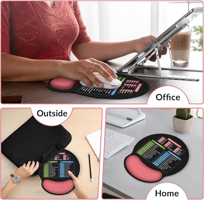 KONVINIT Ergonomic Mouse Pad with Wrist Rest, Small Excel Cheat Sheet Desk Pad with Windows & Office & Excel Shortcuts, Non-Slip Rubber Base Mouse Pads for Desk with Smooth Surface, Black Pink
