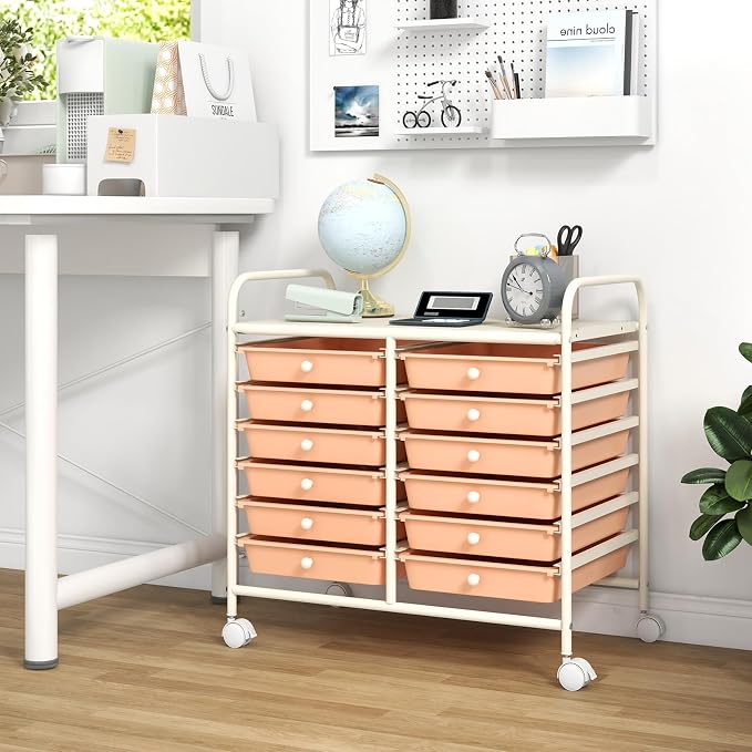 COSTWAY 12-Drawer Rolling Storage Cart, Utility Storage Organizer Cart | For Tools, Scrapbook, Paper, Craft, Multipurpose Art Supply Organizer on Wheels for Home Office School, Teacher, Peach