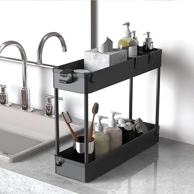 Slim Storage Cart 4 Tier,Bathroom Organizer Rolling Utility,Mobile Shelving Unit Slide Out for Office, Kitchen, Laundry Room & Narrow Places,Black