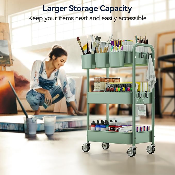 3-Tier Rolling Cart, Green, 66 Pounds Capacity, Mesh Storage Organizer with Lockable Wheels, 3 Hanging Cups, 4 Hooks, Easy Assembly, for Kitchen, Bathroom, Laundry, Grocery | Sturdy Rolling Storage Cart With Hooks & Hanging Cups, Great For Craft, Art W...