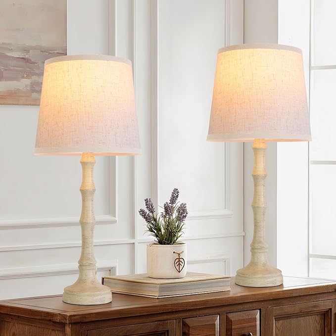 Lamps Set of 2 Modern Farmhouse Table Lamp Bedside Reading Lamps Living Room End Tables Set Lamps for Night Stands Bedroom Night Lamp,High 26.25 Inch,Off-white,With Fabric Lamp Shade,Bulb Not Included