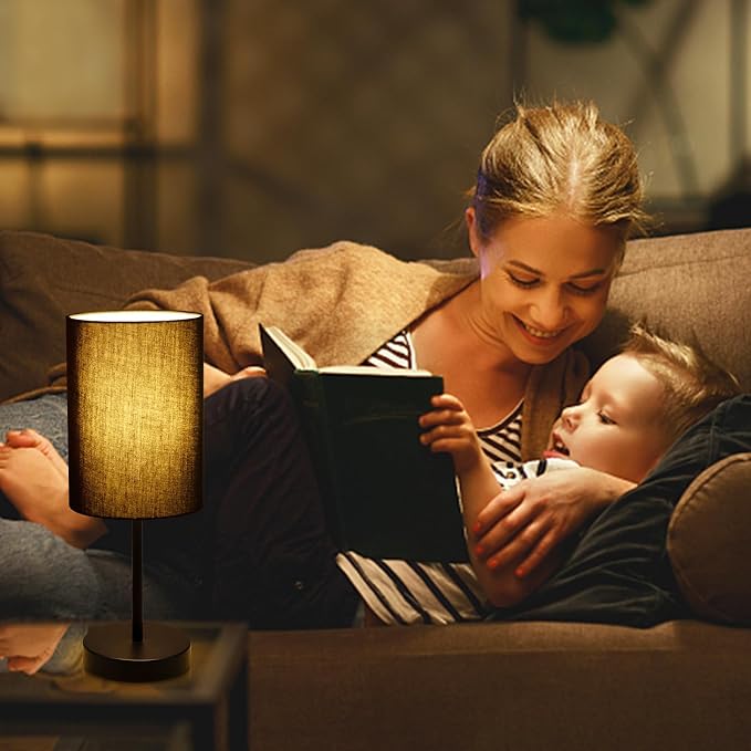 RISLG 2 Pack Table Lamp for Bedroom, Bedside Lamps for Nightstand with Wire Switch, Minimalist Desk Lamps with Linen Fabric Shade for Kids Room Living Room Office Dorm, Bulb Included