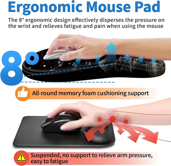 YIWEI Ergonomic Mouse Pad with Wrist Rest for Carpal Tunnel Pain Relief | Memory Foam Wrist Support,Non-Slip Rubber Base, Keyboard Computer Mousepad,Lycra Cloth Surface,Gaming Home Office