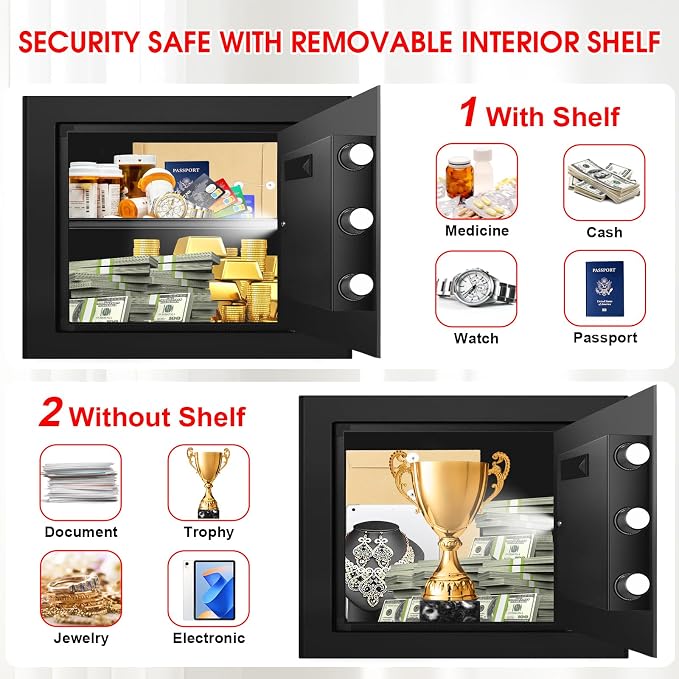 1.3 Cuft Safe Box Fireproof Waterproof, Digital Security Safes for Home Use Fire and Water Proof with Combination Lock, Alarm System and Removable Shelf, Anti-Theft Fireproof Safe For Money, Jewelry