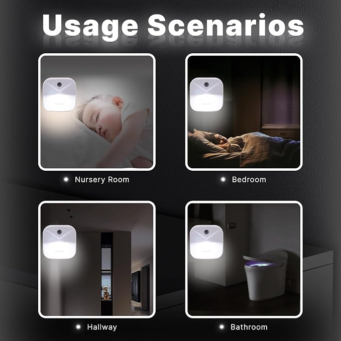 Night Lights Plug into Wall, Automatic LED Night Light with Dusk to Dawn Sensor, Modern V-Groove Design Square Night Lite for Hallway, 0.4W Plug-in Night Lights, 4-Pack (White Light)