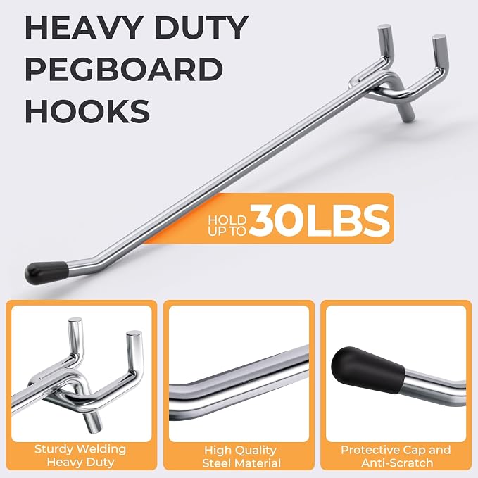 INCLY 50 Pack 6 Inch Pegboard Hooks with Rubber Tipped, 1/4" Heavy Duty | Peg Board Hooks Accessories,Peg Board Tool Hangers Fit 1/4" Pegboard, For Hanging Tools Garage, Craft Room, Kitchen, Store