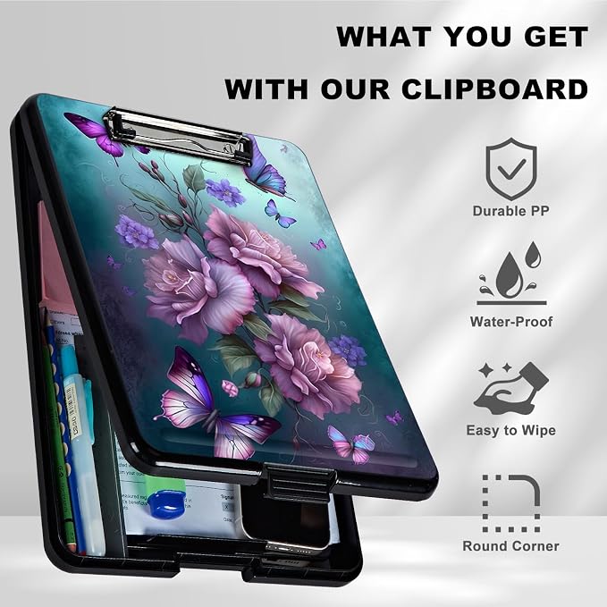 Clipboard with Storage,Plastic Storage Clipboard with Low Profile Clip, Heavy Duty Nursing Clipboards Foldable,Coaches Clipboard Case for Work, Teacher,Office School Supplies,Pink Butterfly Flower