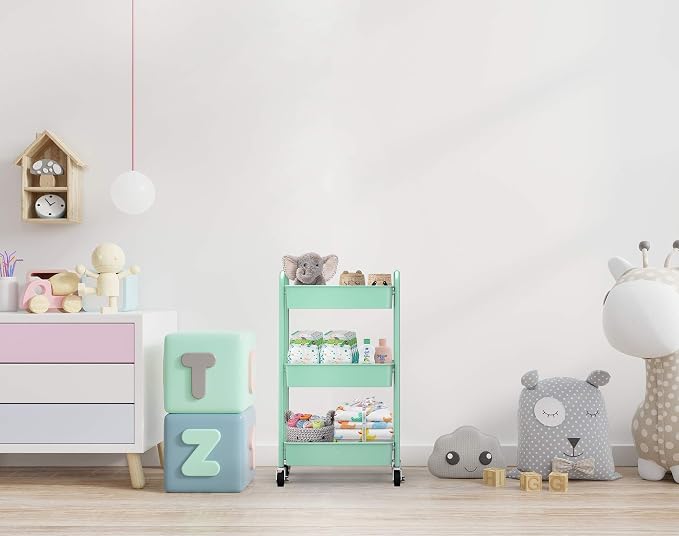 3-Tier Rolling Metal Storage Organizer - Mobile Utility Cart, Kitchen Cart with Caster Wheels (Aqua Green)