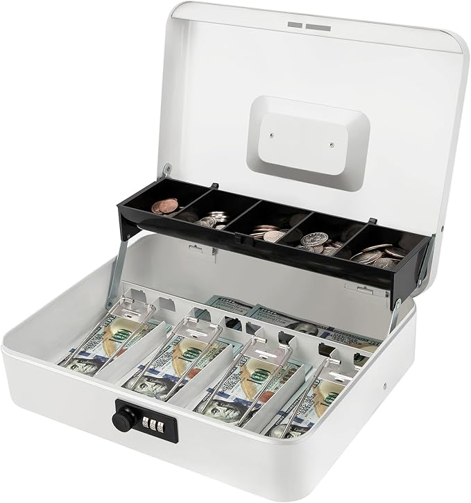Jssmst Locking Large Metal Cash Box with Money Tray, Money Box with Combination Lock, White, SM-CB0511L