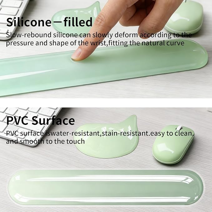 Gel Wrist Rest Set for Computer Keyboard and Mouse, 2-Pack (Green) | Ergonomic Silicone Wrist Support for Typing Fatigue Relief, Non-Slip Cooling Computer Wrist Rest Pad for Office, Gaming