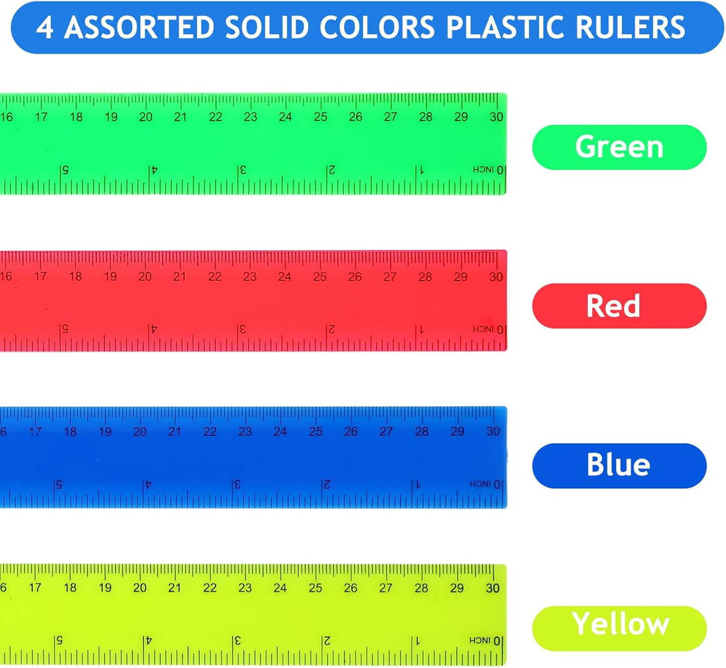 Zonon 100 Pcs 12 Inch Plastic Ruler Assorted Colors Rulers with Centimeters Millimeter and Inches Shatterproof Straightedge Bulk for Classroom School Home Office Kids(Plastic,Yellow, Green, Blue, Red)
