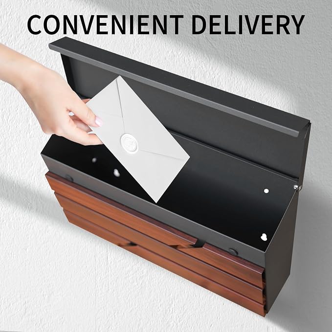 Wall Mount Mailbox for House Outside, Large Capacity Mailbox Drop Box, Galvanized Steel and Rust-Proof Metal Post Box, 15.74"x9.84"x4.33", Wood