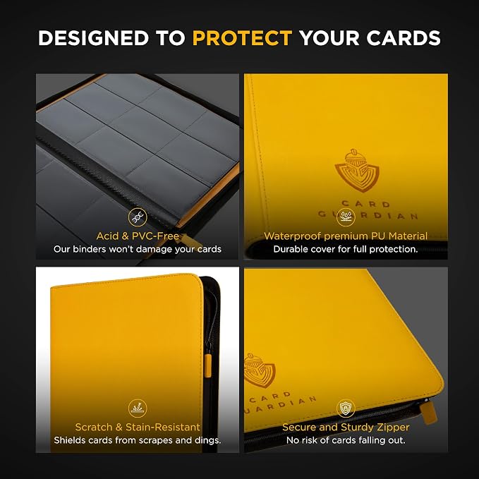 Card Guardian - 9 Pocket Premium Black Binder with Zipper for 360 Cards - Side Loading Pockets for Trading Card Games TCG (Yellow)