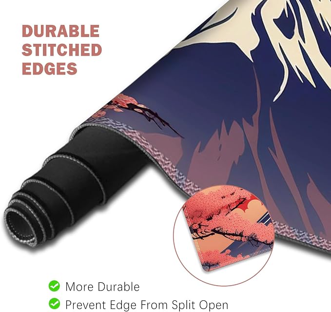ToLuLu Large Mouse Pad Desk Pad Set, Wrist Rest Support Desk Mat for Keyboard Mouse, 4PCS 35.4”x15.7 XXL Giant Mouse Pad, Non-Slip Base Mousepad Office Desk Decor, Japanese Moon Red Cherry Blossom