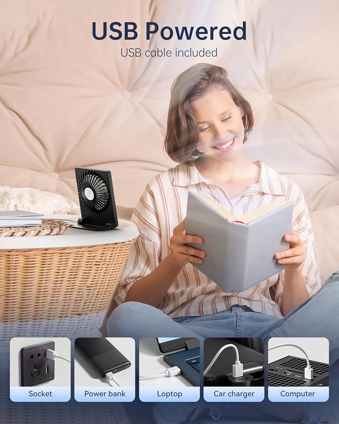 TriPole Mini Desk Fan USB Powered Portable Fan Small Personal Fan 3 Speeds Strong Airflow Table Fan for Travel Home Office Bedroom Desktop, 3.3ft Cable (No Battery, Black)