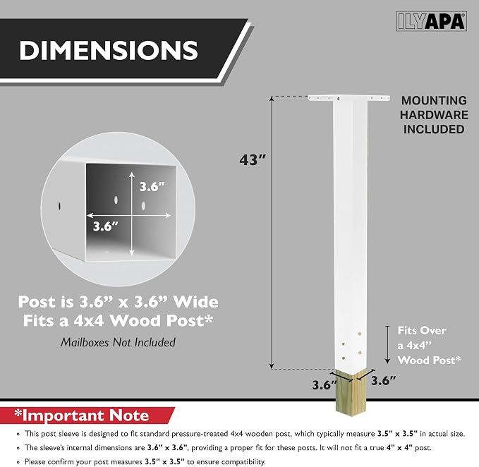 Ilyapa White Mailbox Post for Outside - 43x4x4 inch Modern Metal Mailbox Post Sleeve with Two Universal Mounting Plate Brackets for Residential