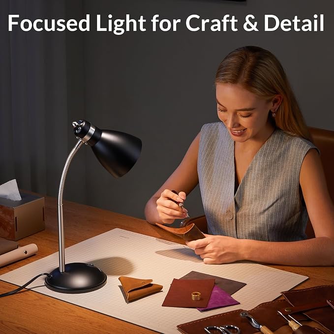 LEPOWER Metal Desk Lamp, Adjustable GooseNeck Reading Light for Bedroom | Compact & Sturdy, Space-Saving for Bedside & Dorm, E26 Table Lamp, Eye-Caring, Ideal for Study, Office, Back to School