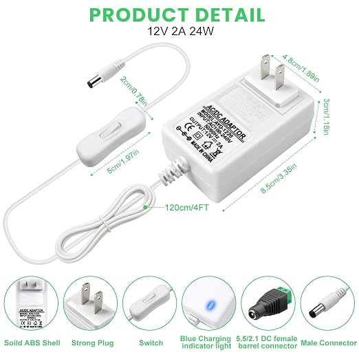 2 Pack 12V 2A Power Supply, 24W 12 Volt DC Power Adapter with On/Off Switch, 110V AC to 12V Wall Plug Transformer for LED Strip Lights with 5.5/2.1mm DC Female Connector