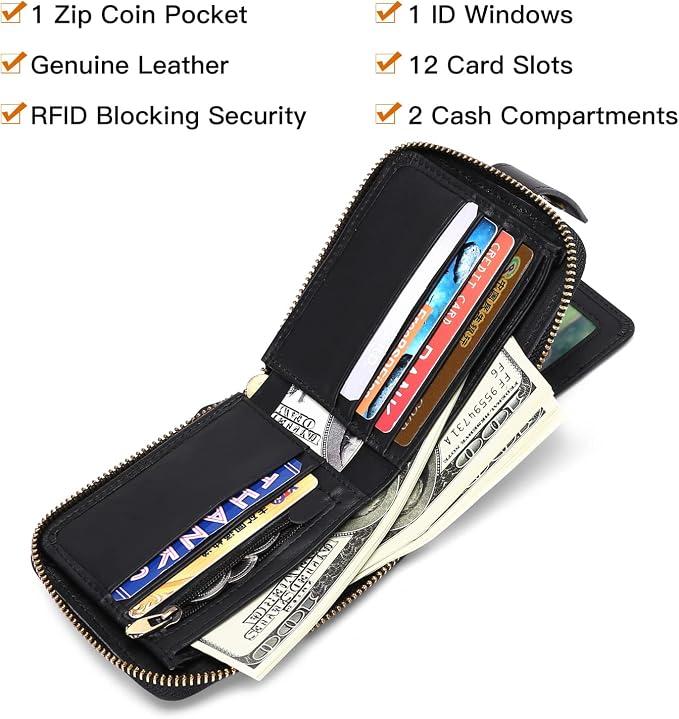 GOIACII Zipper Wallet for Men Genuine Leather RFID Blocking Mens Wallet with Zipper Coin Pocket ID Window Zipper Wallets Large Capacity