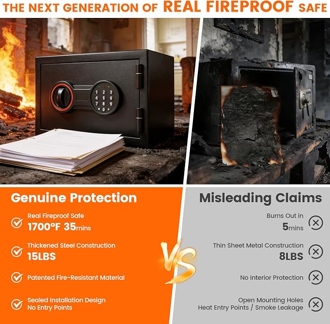 [2026 0.5H 1700°F] Mini Fireproof Safe, 14.8Lbs Heavy Duty Fire Safe Box | with Alarm System, Sensor LED Light, Wall Mountable Small Safes for Home Use