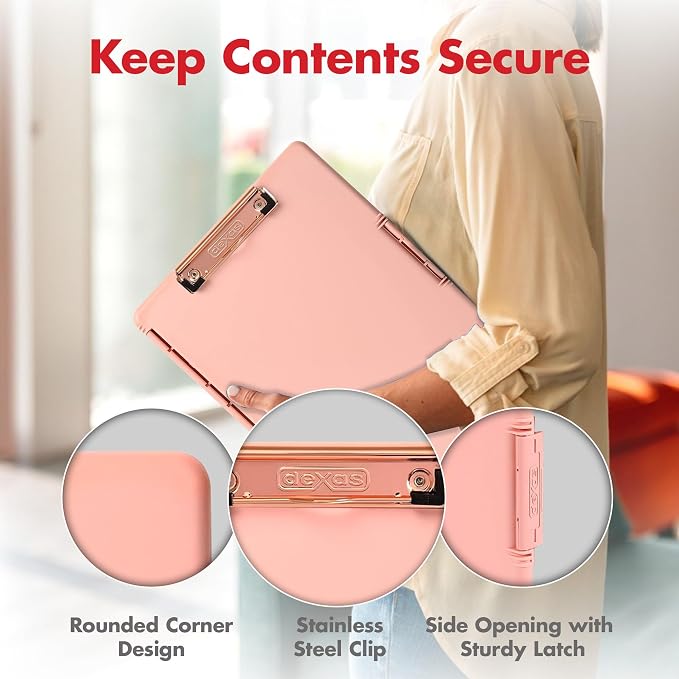 Dexas Slimcase 2 Plastic Clipboard with Storage and Side Opening, Blush Pink with Rose Gold Clip, Office Supplies Clipboards to Organize, Carry and Store, A4 Holder, Nursing Clipboards (Pack of 6)