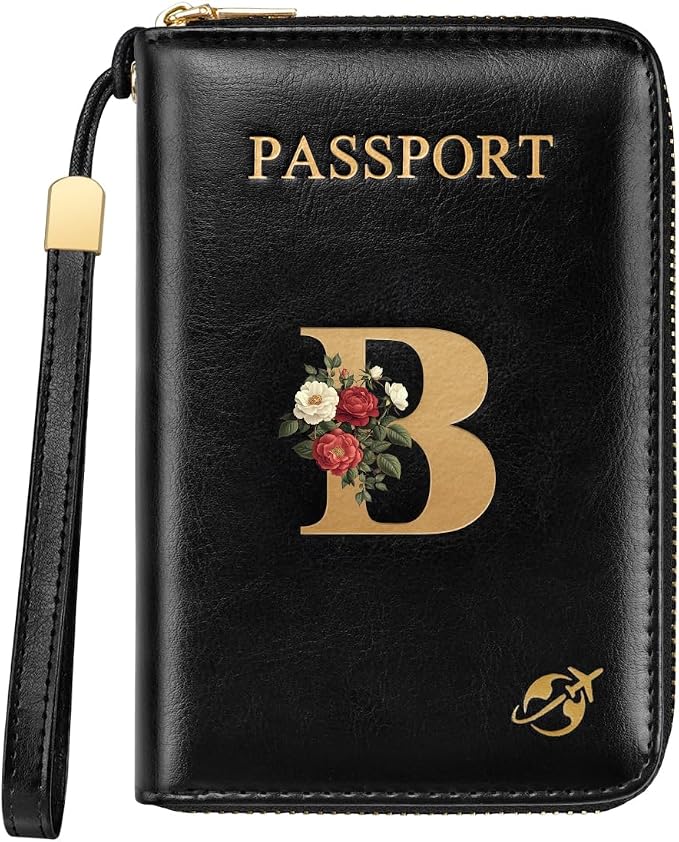 Passport Holder for Travel Personalized Wallet with Wristlet Women | Passport Cover, RFID Blocking, Passport Book Holders, Back Coin Pocket, Zipper Closure, Roses Initial Letter, Black B