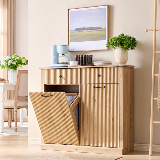 Modern Double Tilt-Out Trash Cabinet, 20 Gallon Fluted Laundry Hamper Cabinet with 2 Drawers, Wooden Hidden Garbage Can Cabinet with Storage Basket for Kitchen & Living Room, Natural Oak