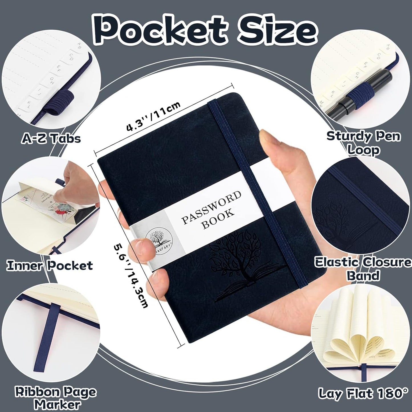 DAOFARY Password Book with Alphabetical Tabs - Small Password Keeper Book (5.6 * 4.3 in) with Inner Pocket, Hardcover Password Keeper Notebook for Log Internet Website Information (Dark Blue)