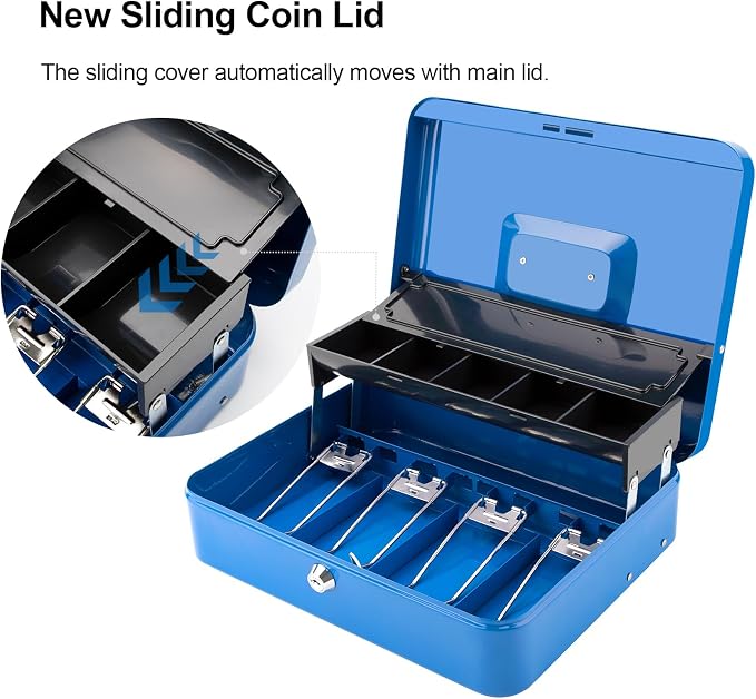 Jssmst Locking Metal Cash Box with Coin Lid, 11.8L x 9.5W x 3.5H Inches, Safe Money Box with Key Lock, Blue, SM-CB0513BL