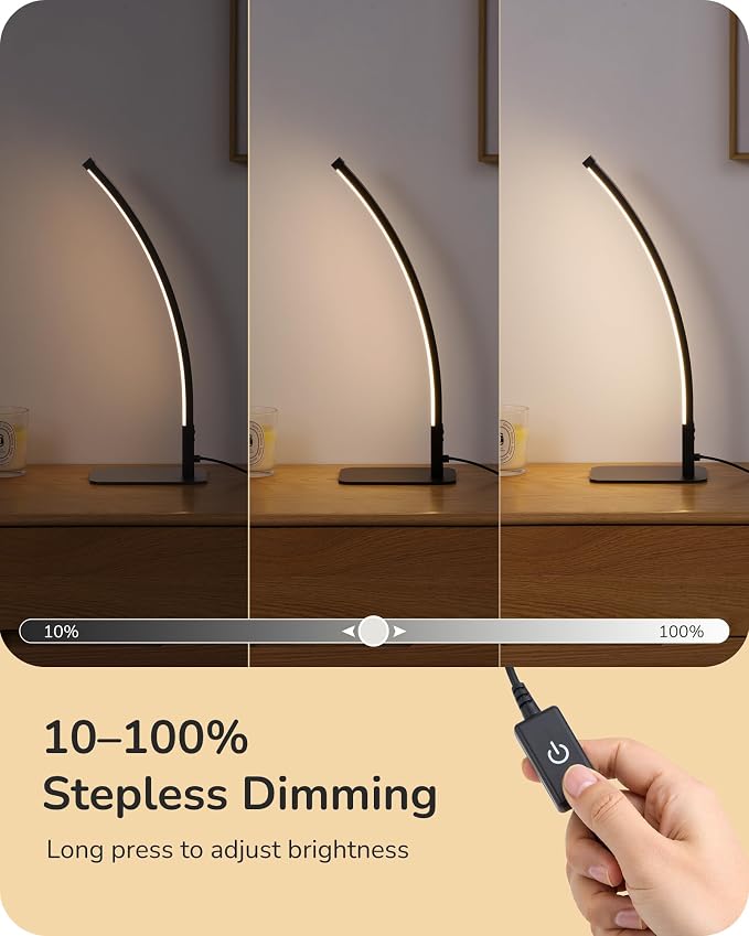 EDISHINE Curved LED Table Lamp, Modern Bedside Lamps for Bedroom, Black | 3 Color Temperature & Stepless Dimming, Aluminum & Iron, Silicone Lampshade, Ideal for Living Room, Office