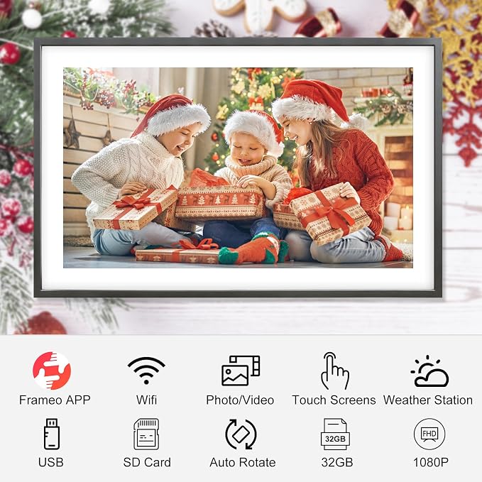 Digital Picture Frame 15.6 Inch Large Frameo Digital Photo Frame，32GB, 1920 * 1080 IPS HD Touch Screen, Electronic Picture Frame IPS Touch Screen with Auto-Rotate, Frameo Digital Frame WiFi(Black)