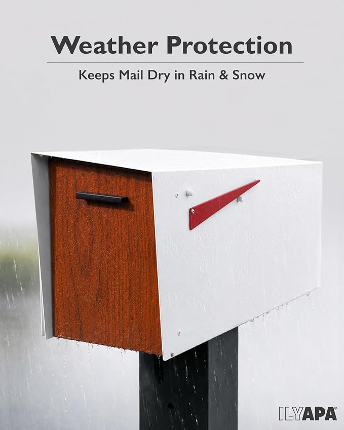 Ilyapa Modern Mailbox with Angle Design Post Mount - White Powder Coated Metal Mailbox with Wood Door - Waterproof for Parcels, Magnetic Close Door