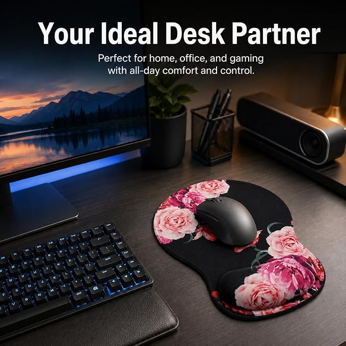 Mouse Pad with Wrist Rest Ergonomic Memory Foam Support, Non-Slip Rubber Base, Comfortable Typing Cushion for Home Office Computer Laptop, Flowers Pink