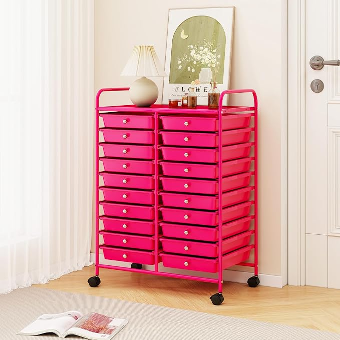 COSTWAY 20-Drawer Rolling Storage Cart, Utility Storage Organizer Cart | For Tools, Scrapbook, Paper, Craft, Multipurpose Storage Trolley on Wheels for Home Office School (Hot Pink)