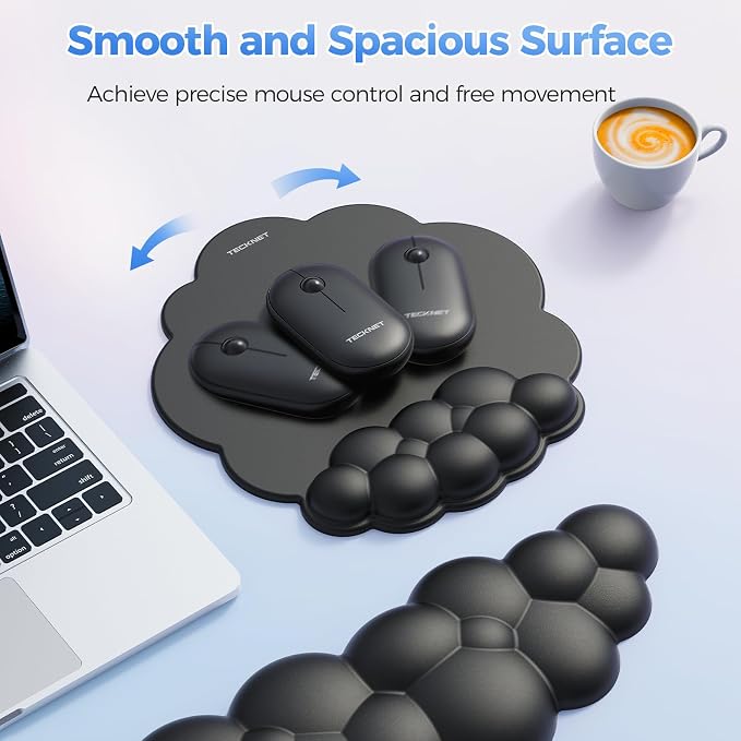 TECKNET Cloud Mouse Pad with Wrist Rest, Ergonomic Cloud Wrist Rest with Non-Slip Base, PU Leather Memory Foam Mouse Pad Wrist Support for Keyboard and Mouse, Pain Relief for Typing, Gaming, Black