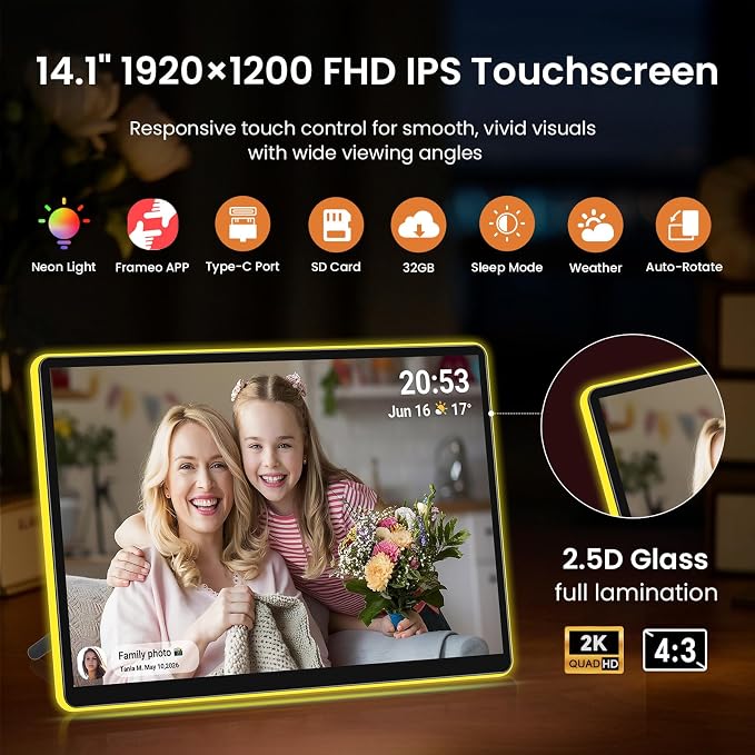 ApoloSign 14" Neon Light Digital Picture Frame, Desk Digital Calendar, Auto-synced Schedule via Frameo App - 2K FHD Touchscreen | AI Color-Changing LED | Share Photo/Video Instantly | Gift for Parents