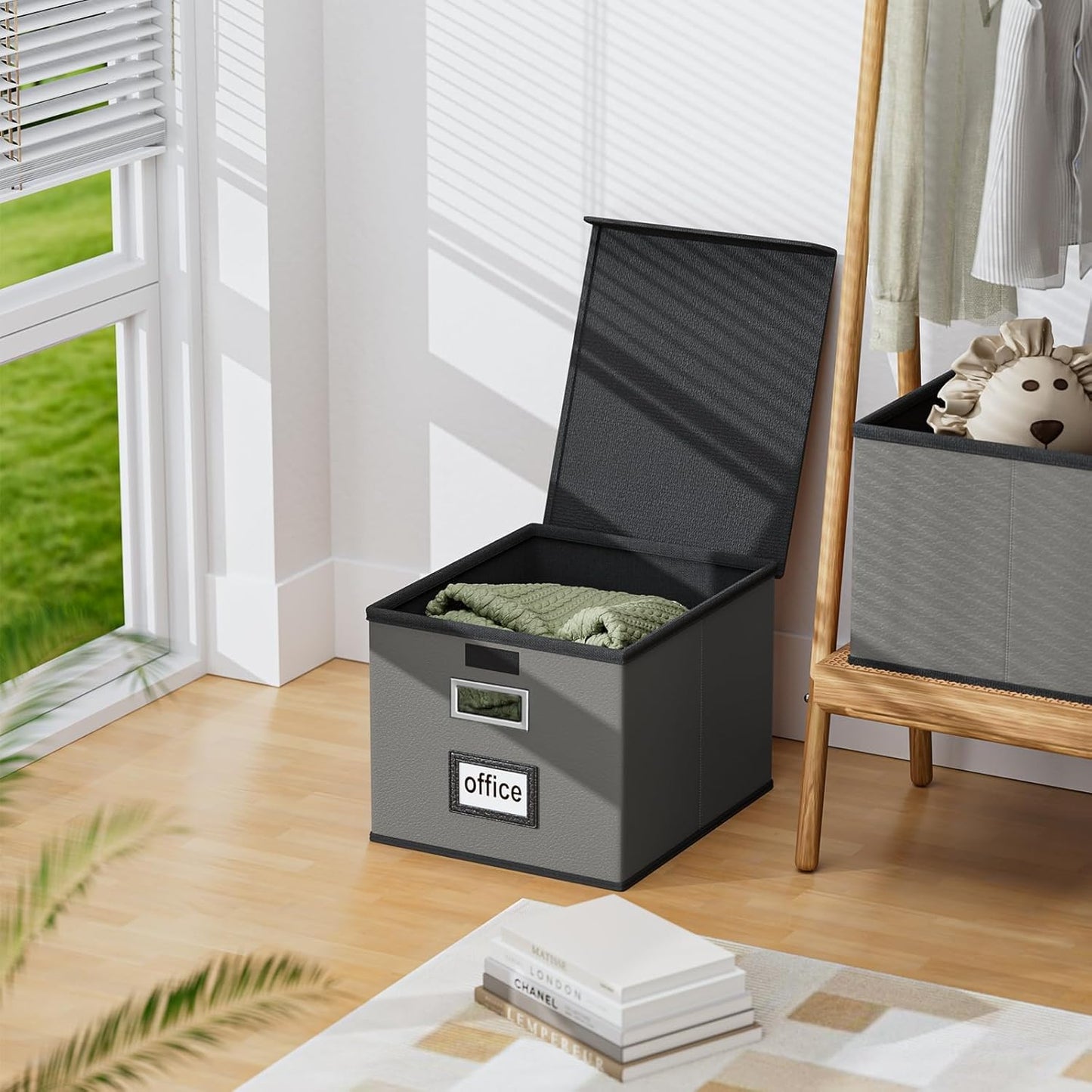 Huolewa Faux Leather File Organizer Box with Lid, Collapsible Hanging File Folder Box Organizer with Plastic Slides, Decorative Home/Office Filing System Boxes for File and Folders Storage