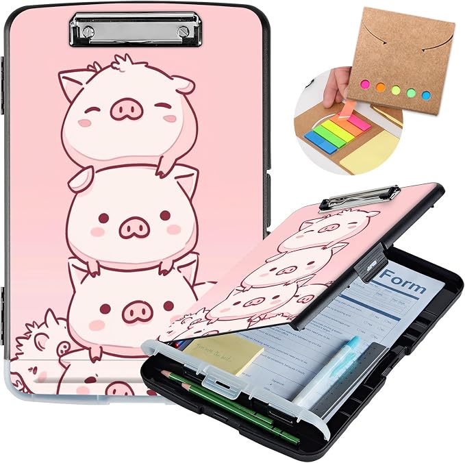 Clipboard with Storage,Storage Clipboard with Pen Holder,Heavy Duty Plastic Storage Clipboard with Low Profile Clip,Teacher Must Haves,Clipboard Folder,Office Supplies,Cute Pink Pigs -1362