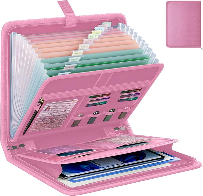 Fireproof Accordion File Organizer, Expanding File Folder with 13 Pockets | Portable Document Organizer with Waterproof Zipper & Labels, File Organizer for Important Document/Paper Storage, Pink