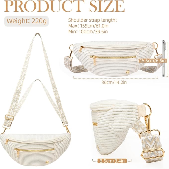 Beige Corduroy Crossbody Bag Women Vintage Boho Fanny Pack with Gold Zipper | Geometric Wide Strap,Versatile,4-Zipper Pockets,Ideal for for Travel Casual Outdoors Shopping Daily Vacation