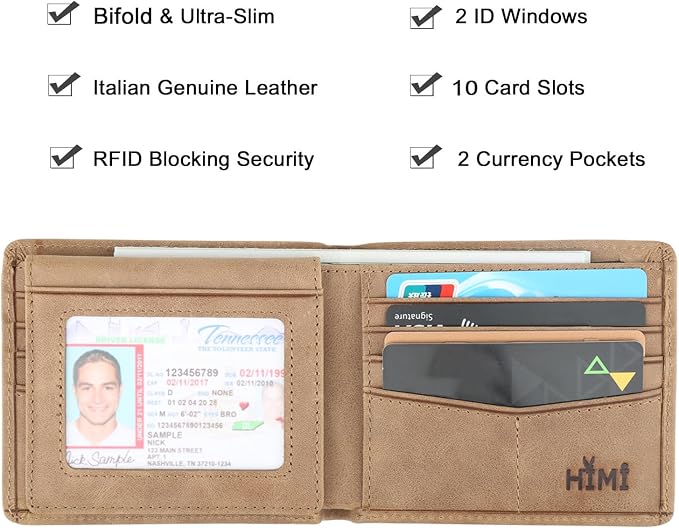 HIMI Wallet for Men-Genuine Leather RFID Blocking Bifold Stylish Wallet With 2 ID Window