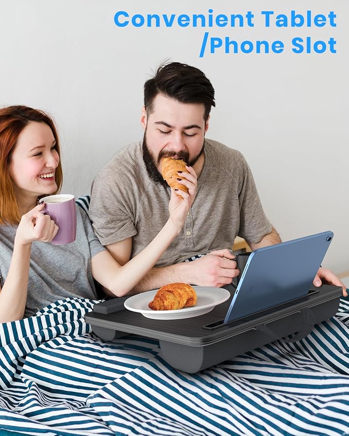 HETTHI Portable Lap Desk, Laptop Stand for Bed with Soft Wrist Rest, Tablet/Phone Slot, Fabric Handle, Laptop Bed Desk with Cushion (Black)