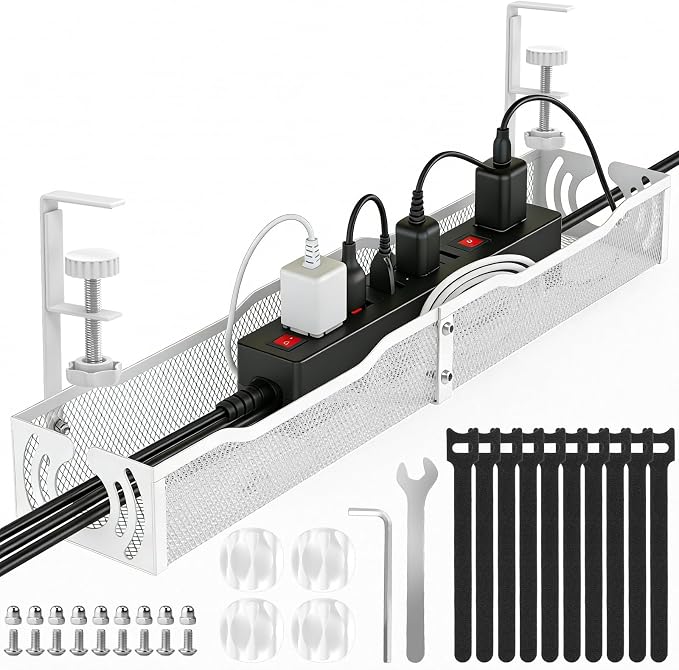 Cable Management, 25.3'' Under Desk Cable Management Tray No Drill, Metal Cable Organizer with Clamp for Wire Management, Cord Organizer for Home Office, Desk Accessories Organizer, White