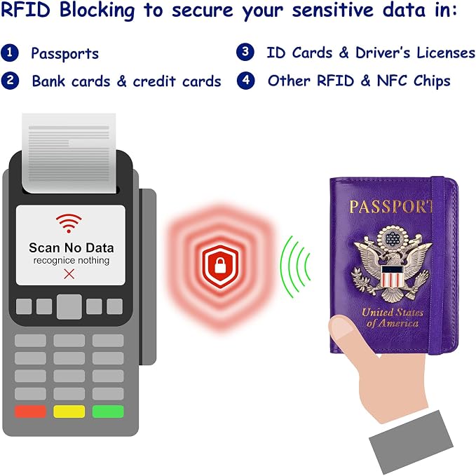 TOURSUIT RFID Blocking Passport Holder, Leather Travel Wallet, Purple | Travel Document Holder Cover Accessories, 3D Metal Badge, For Women Men